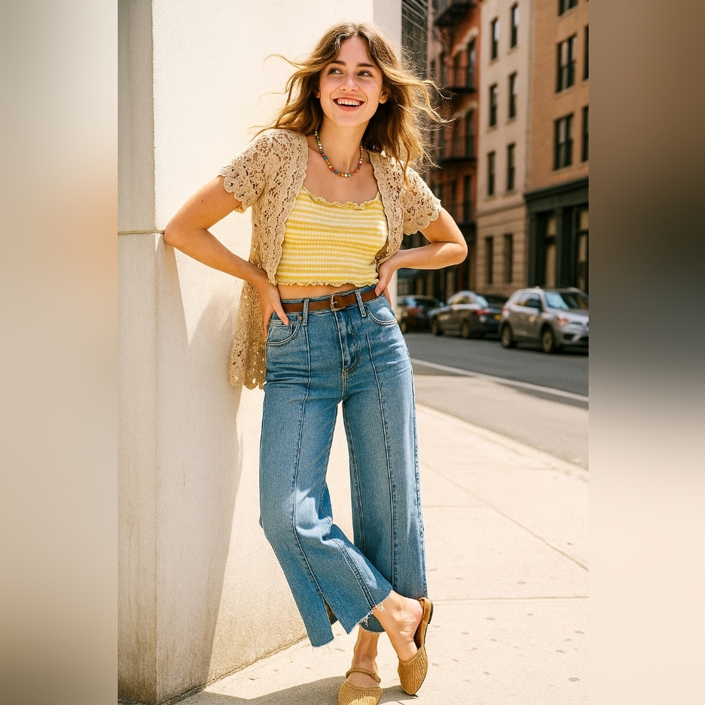 RISEN Mid-Rise Tummy Control Pintuck Seam Wide Leg Pants Slit Hem Denim Jeans - Picture 5 of 16